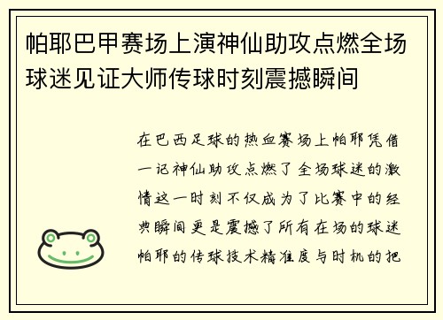 帕耶巴甲赛场上演神仙助攻点燃全场球迷见证大师传球时刻震撼瞬间 帕耶巴甲赛场上演神仙助攻点燃全场球迷见证大师传球时刻震撼瞬间